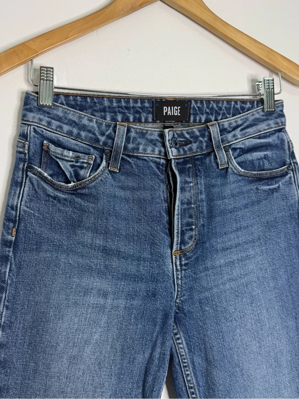 PAIGE Colette Crop Flare Jeans Size 26 Raw Hem High Rise Blue Denim
